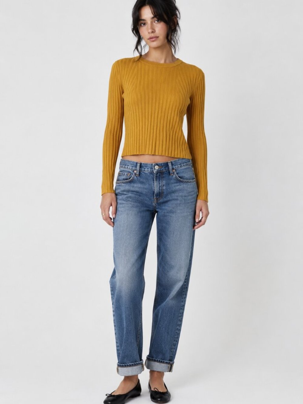 Aritzia BABATON Nathaniel ochre ribbed crop sweater in wool blend